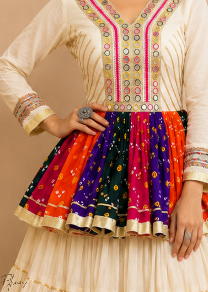Ivory White Paneled Bandhani Cotton Peplum Lehenga Set