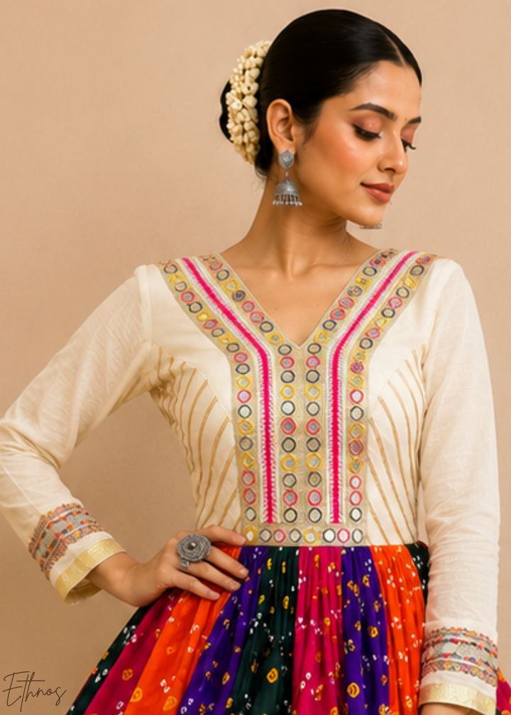 Ivory White Paneled Bandhani Cotton Peplum Lehenga Set