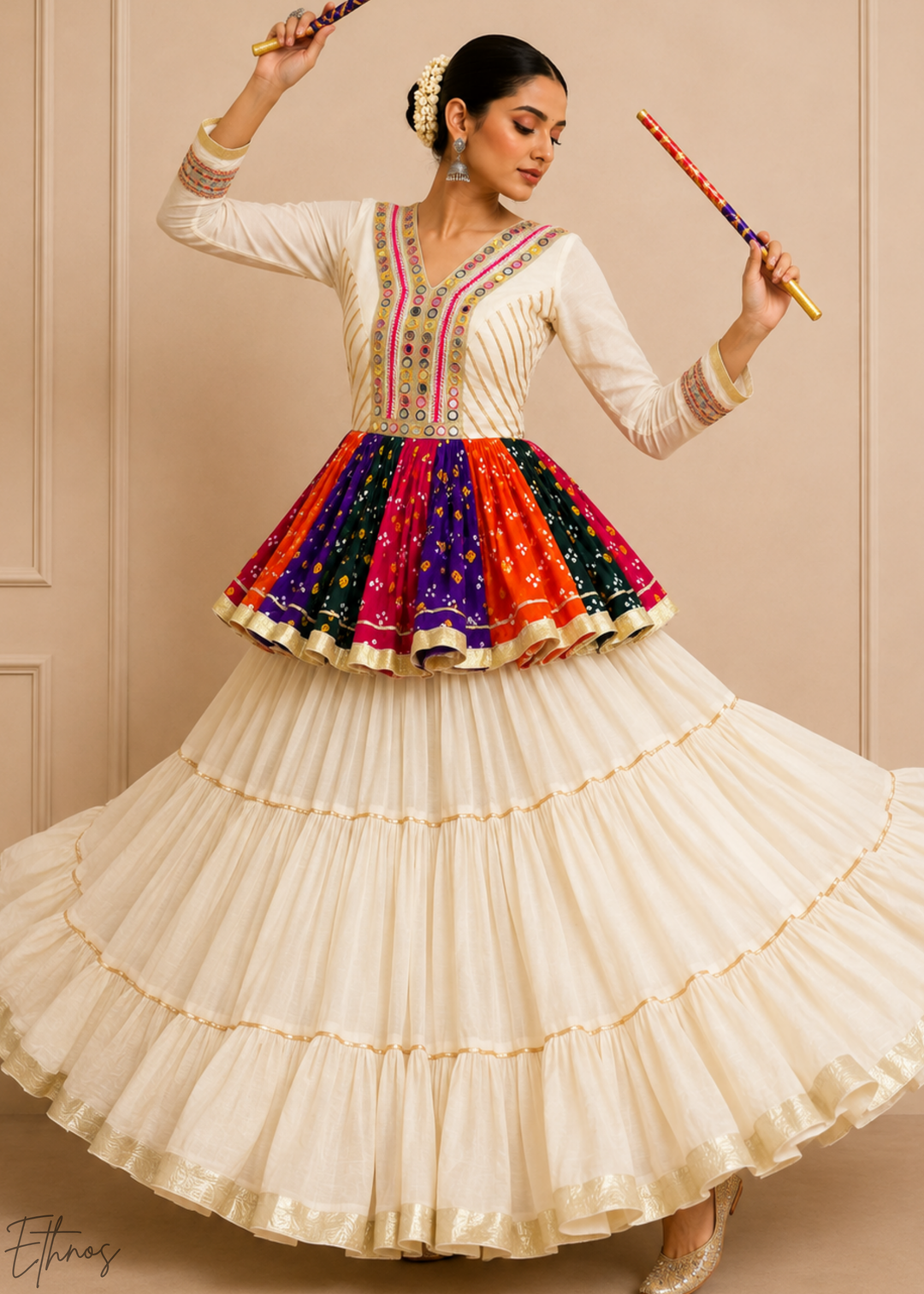 Ivory White Paneled Bandhani Cotton Peplum Lehenga Set