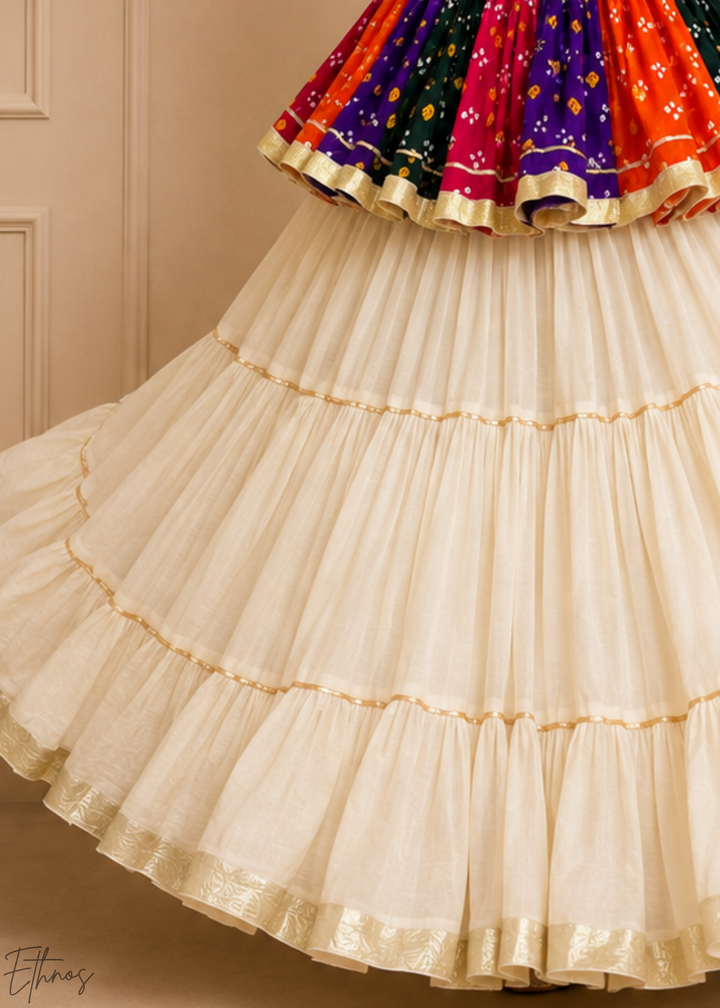 Ivory White Paneled Bandhani Cotton Peplum Lehenga Set