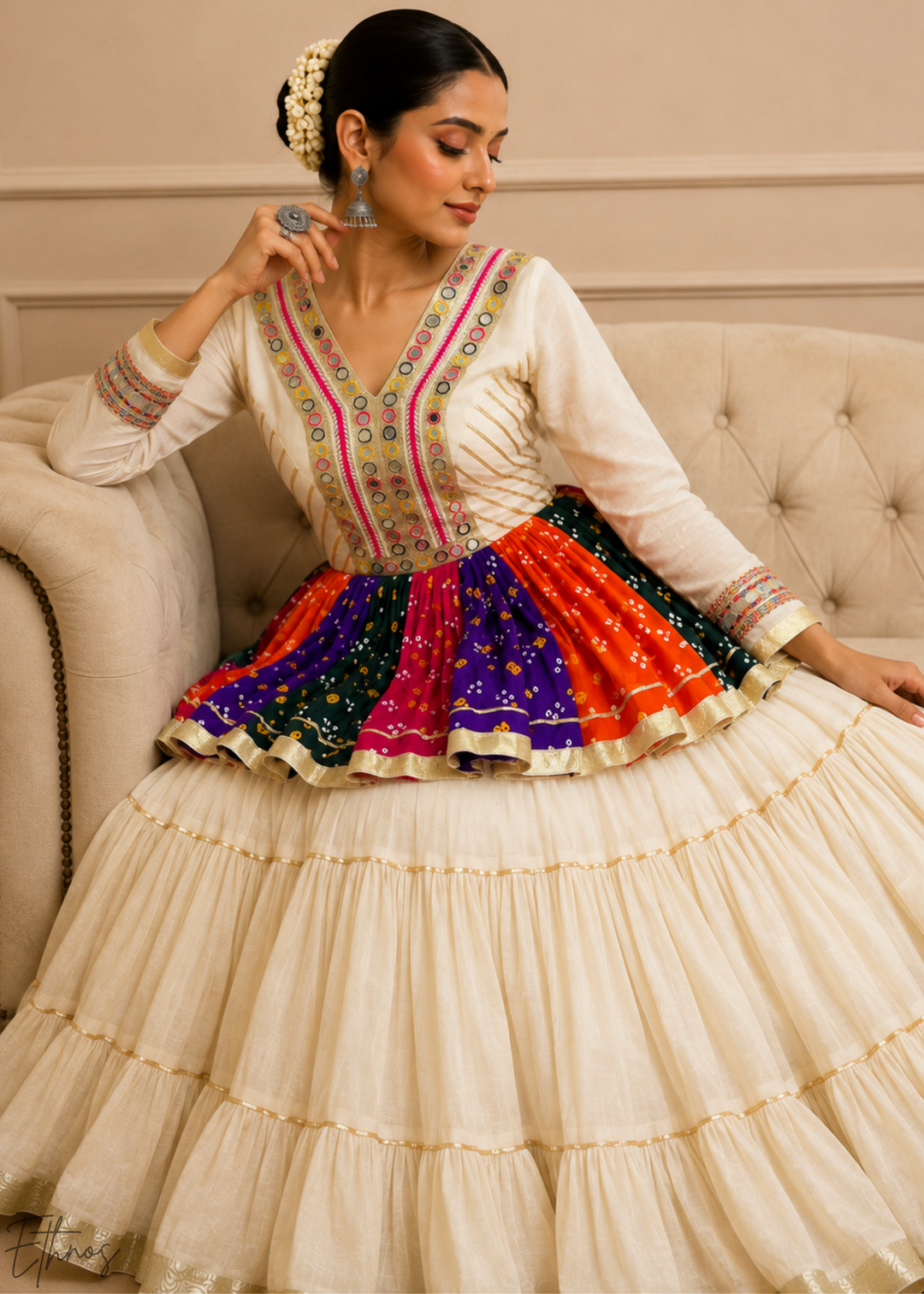 Ivory White Paneled Bandhani Cotton Peplum Lehenga Set