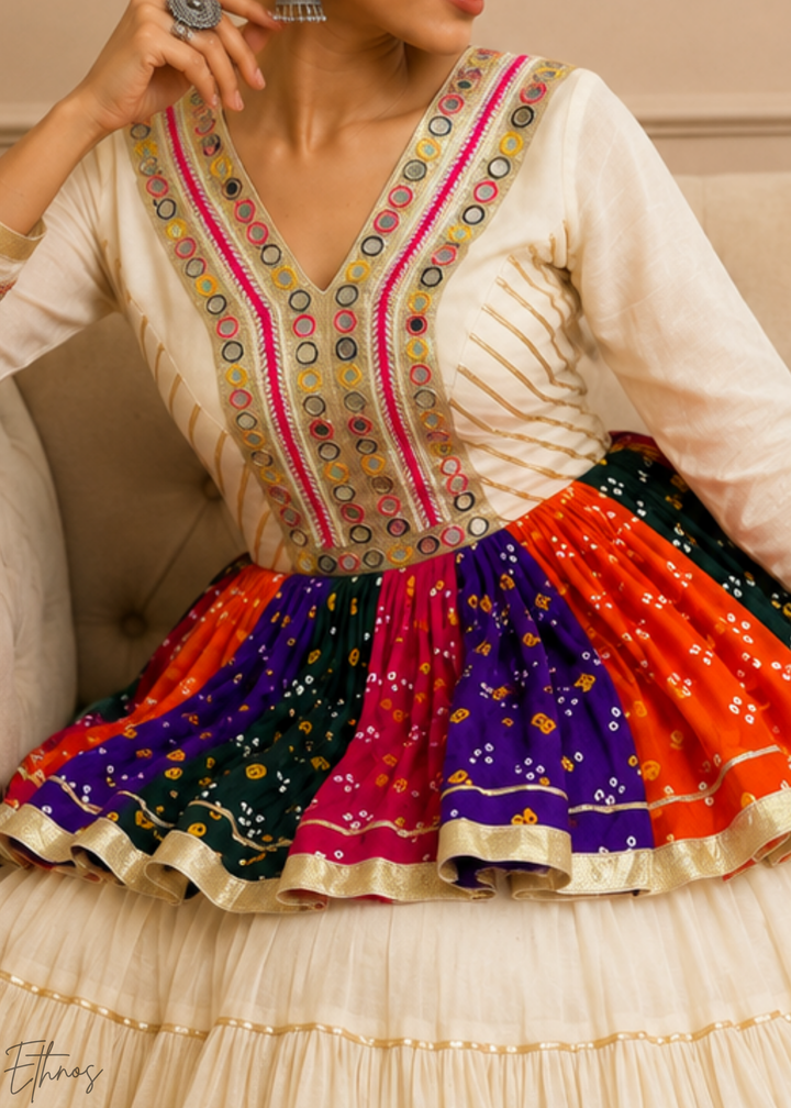 Ivory White Paneled Bandhani Cotton Peplum Lehenga Set