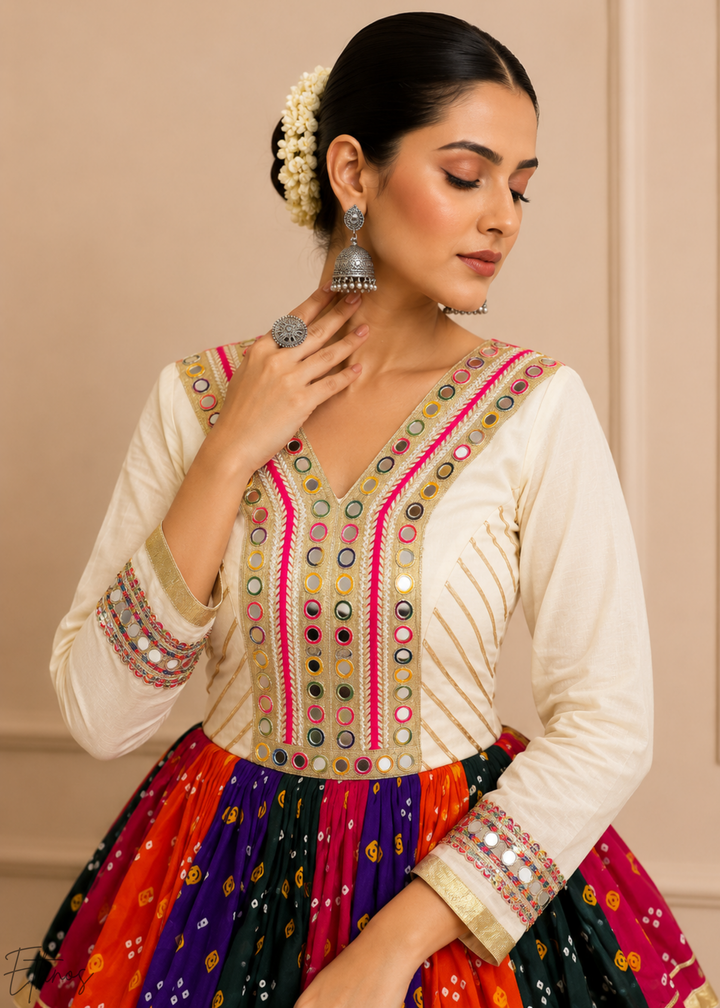 Ivory White Paneled Bandhani Cotton Peplum Lehenga Set