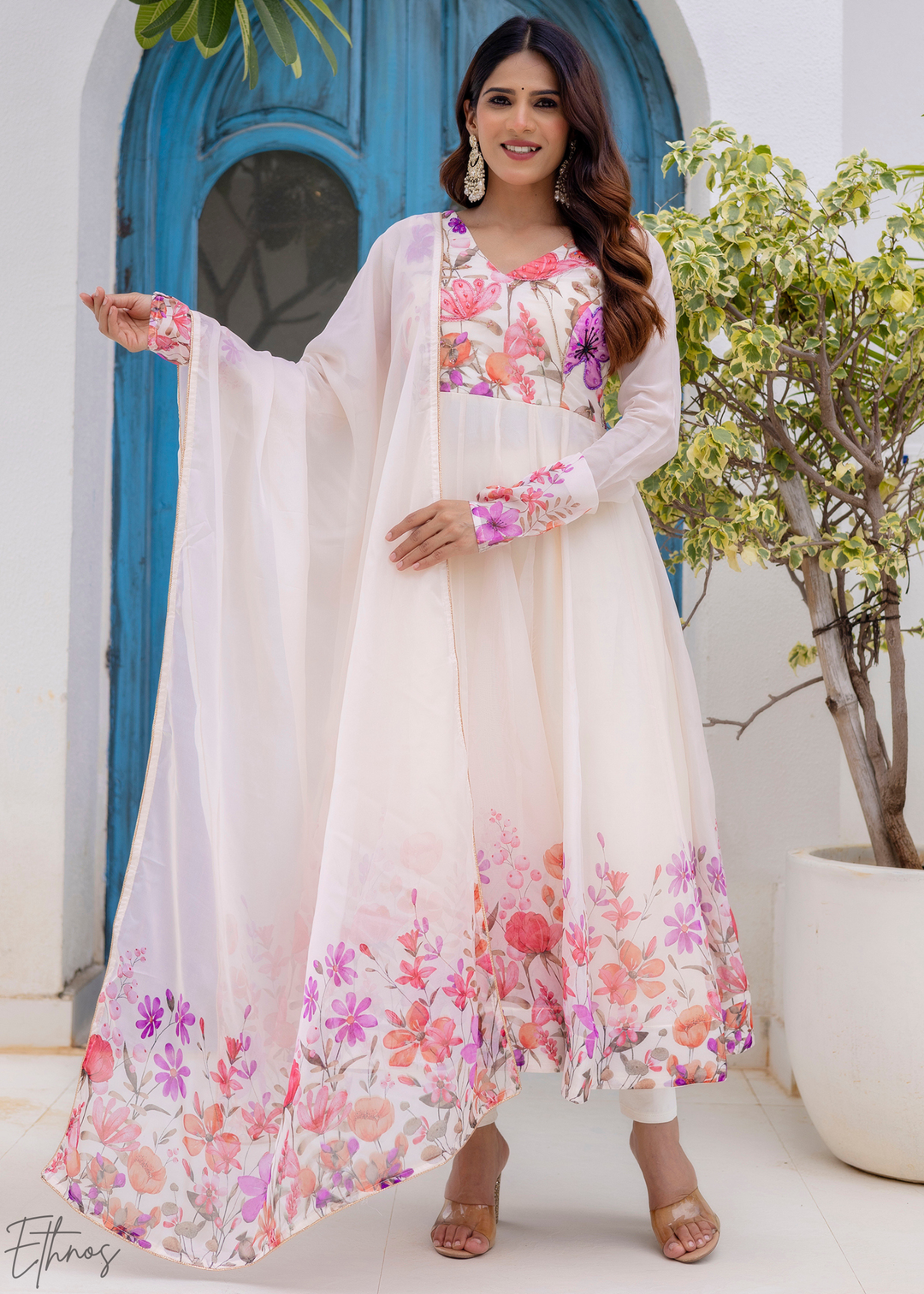 Ivory White Rose-Meadow Organza Anarkali Suit