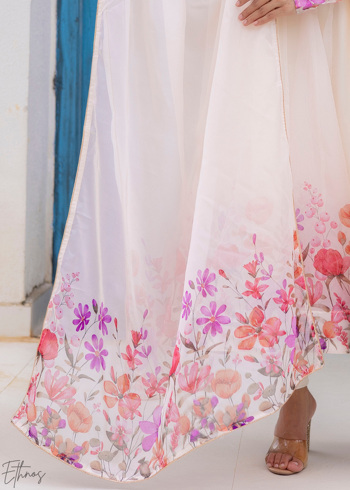Ivory White Rose-Meadow Organza Anarkali Suit
