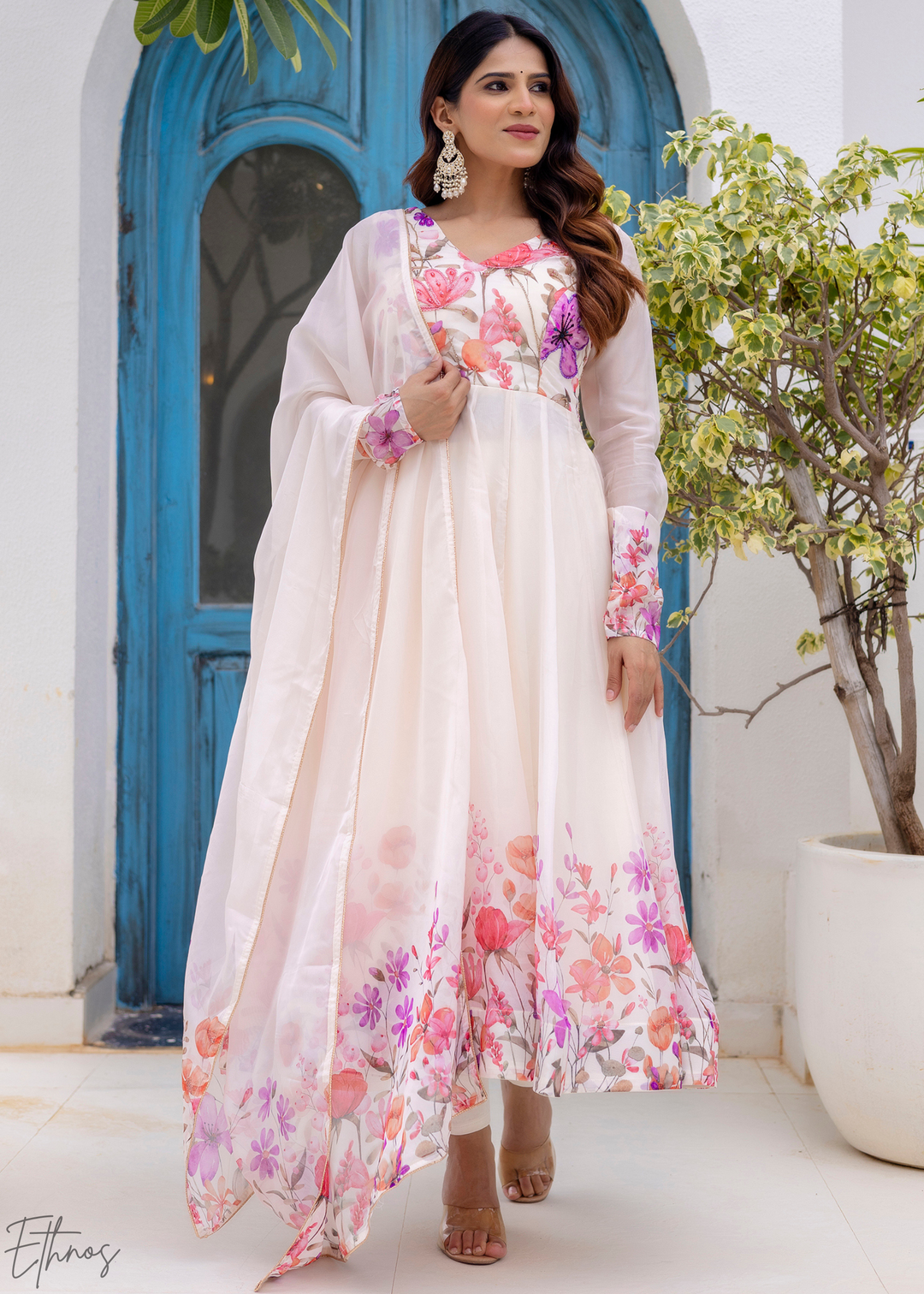 Ivory White Rose-Meadow Organza Anarkali Suit