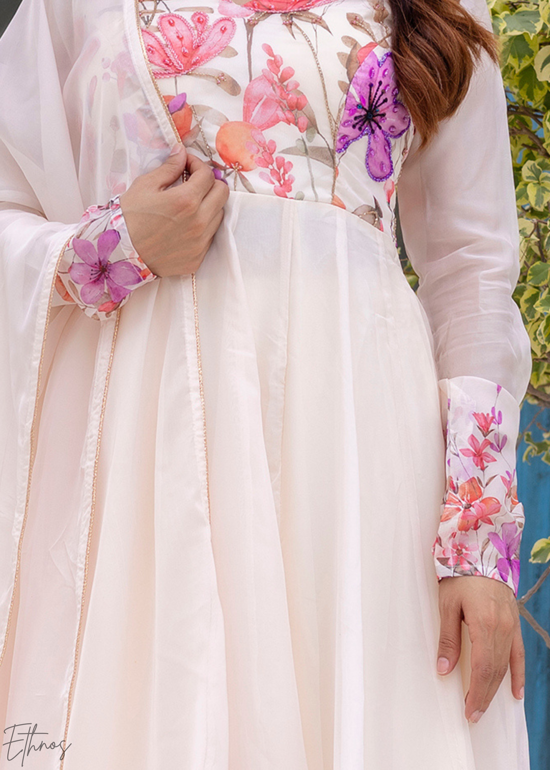 Ivory White Rose-Meadow Organza Anarkali Suit