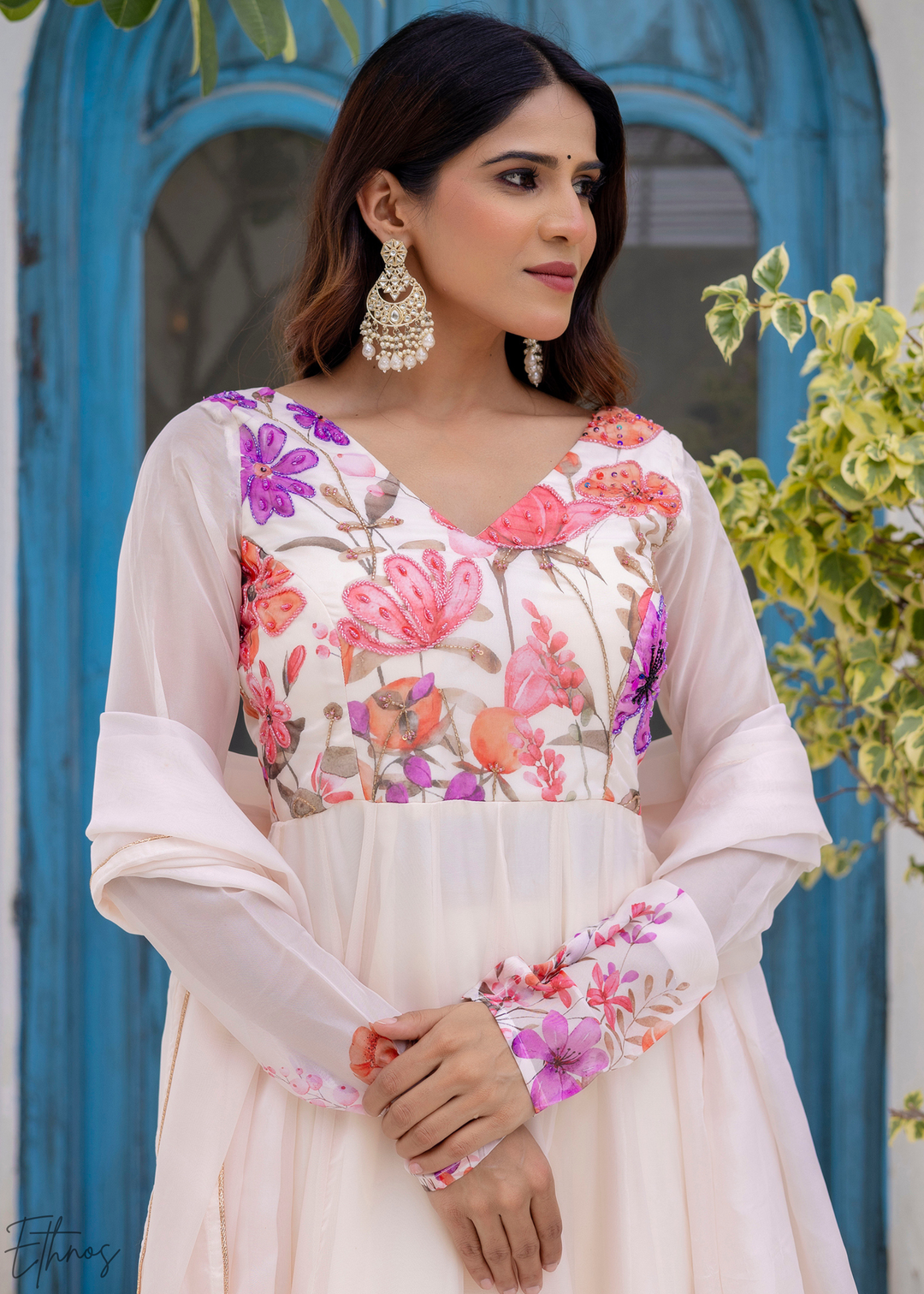 Ivory White Rose-Meadow Organza Anarkali Suit