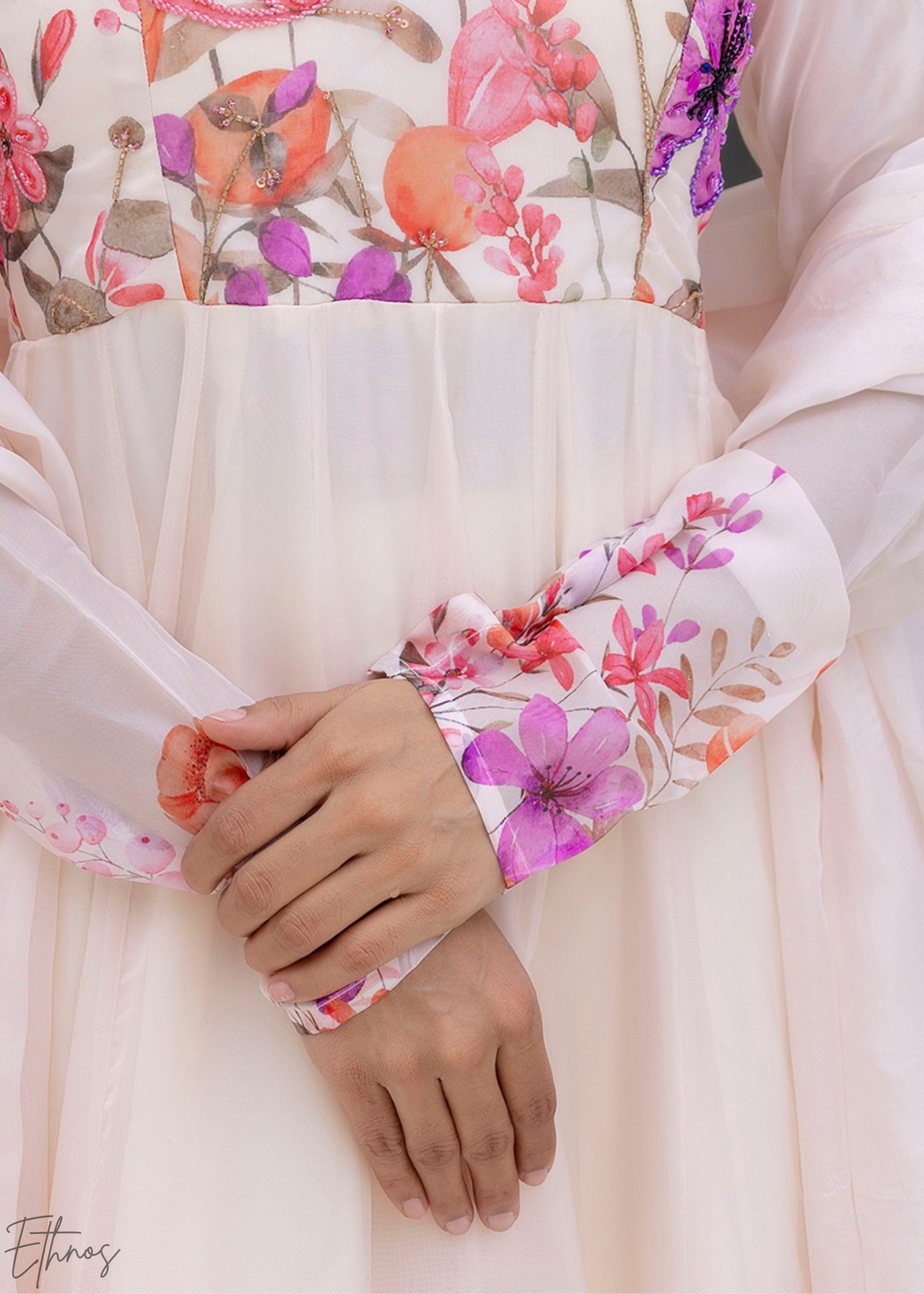 Ivory White Rose-Meadow Organza Anarkali Suit