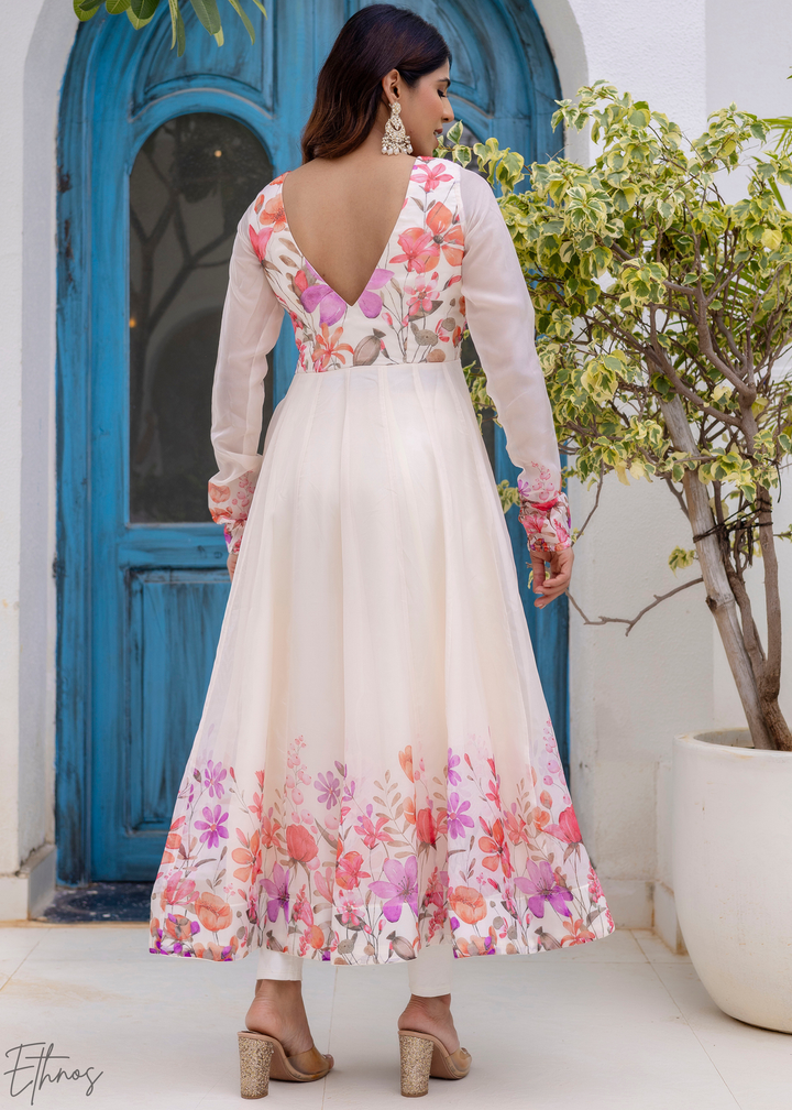 Ivory White Rose-Meadow Organza Anarkali Suit