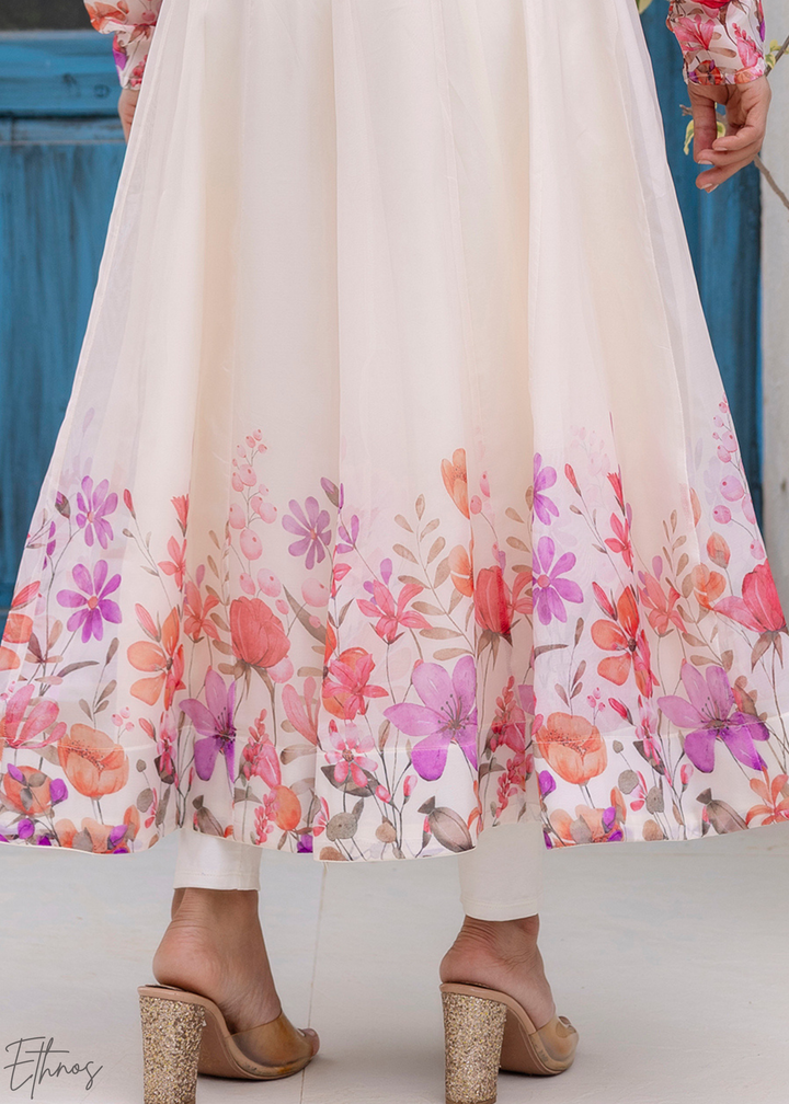 Ivory White Rose-Meadow Organza Anarkali Suit