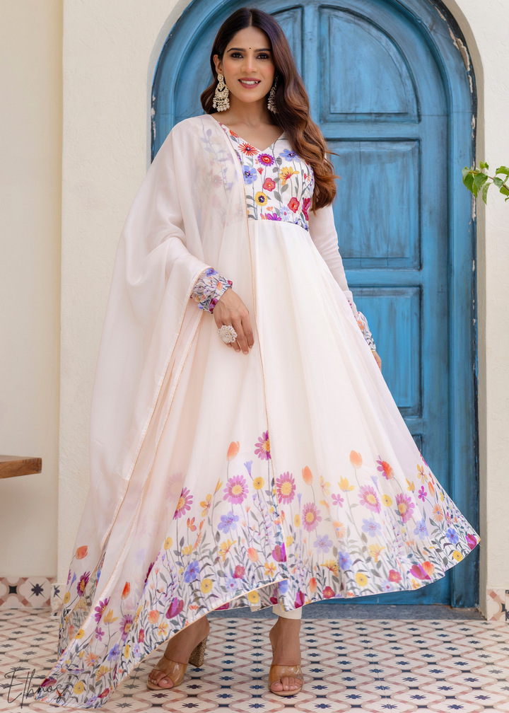 Ivory White Wildflower-Printed Organza Anarkali Suit