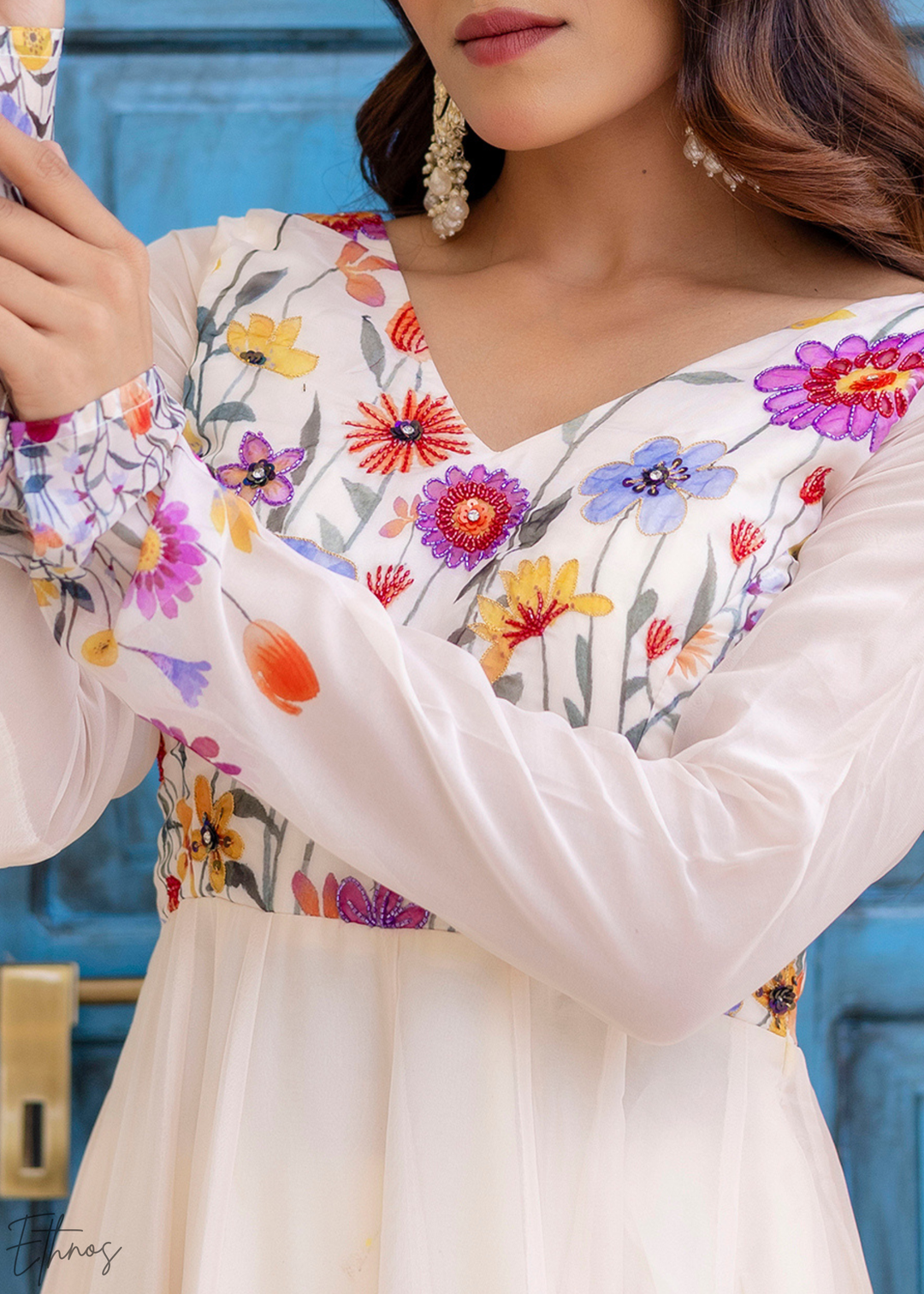Ivory White Wildflower-Printed Organza Anarkali Suit