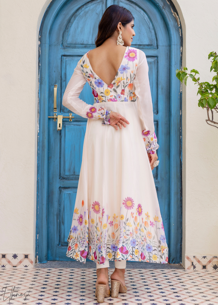Ivory White Wildflower-Printed Organza Anarkali Suit