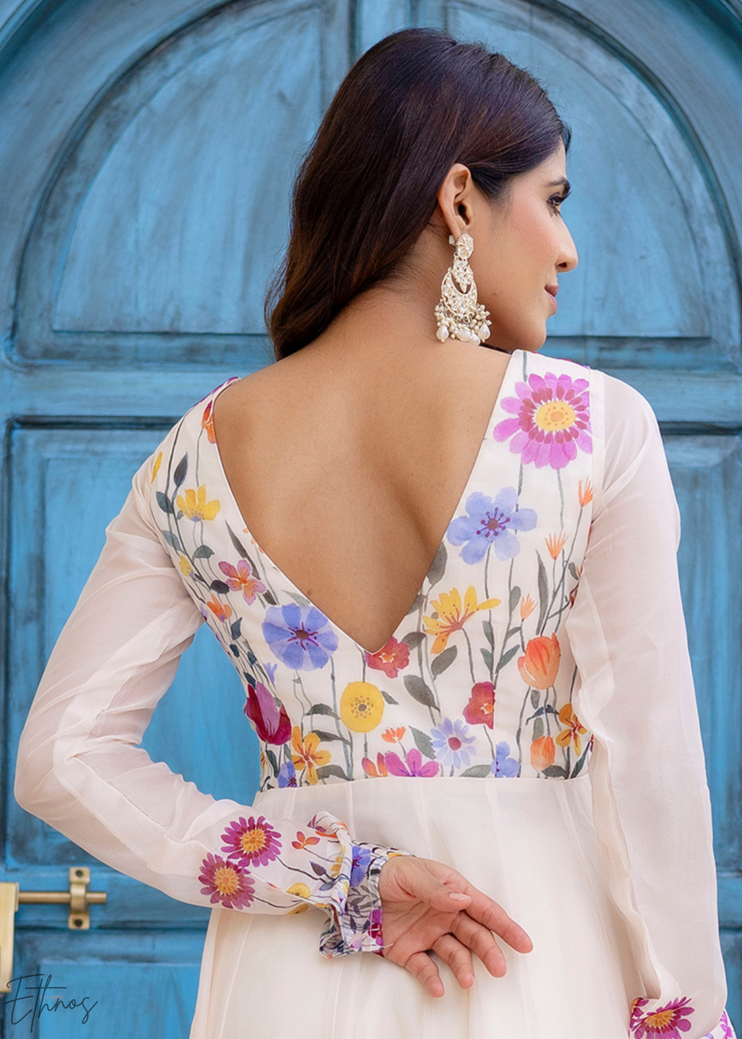 Ivory White Wildflower-Printed Organza Anarkali Suit