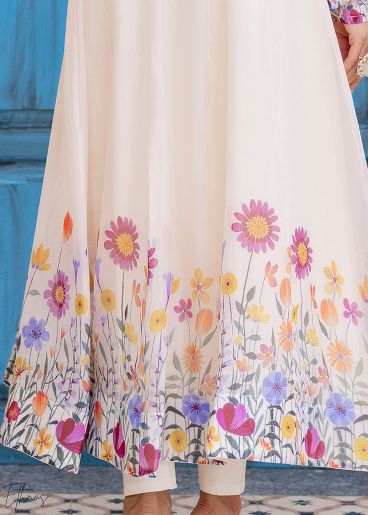 Ivory White Wildflower-Printed Organza Anarkali Suit