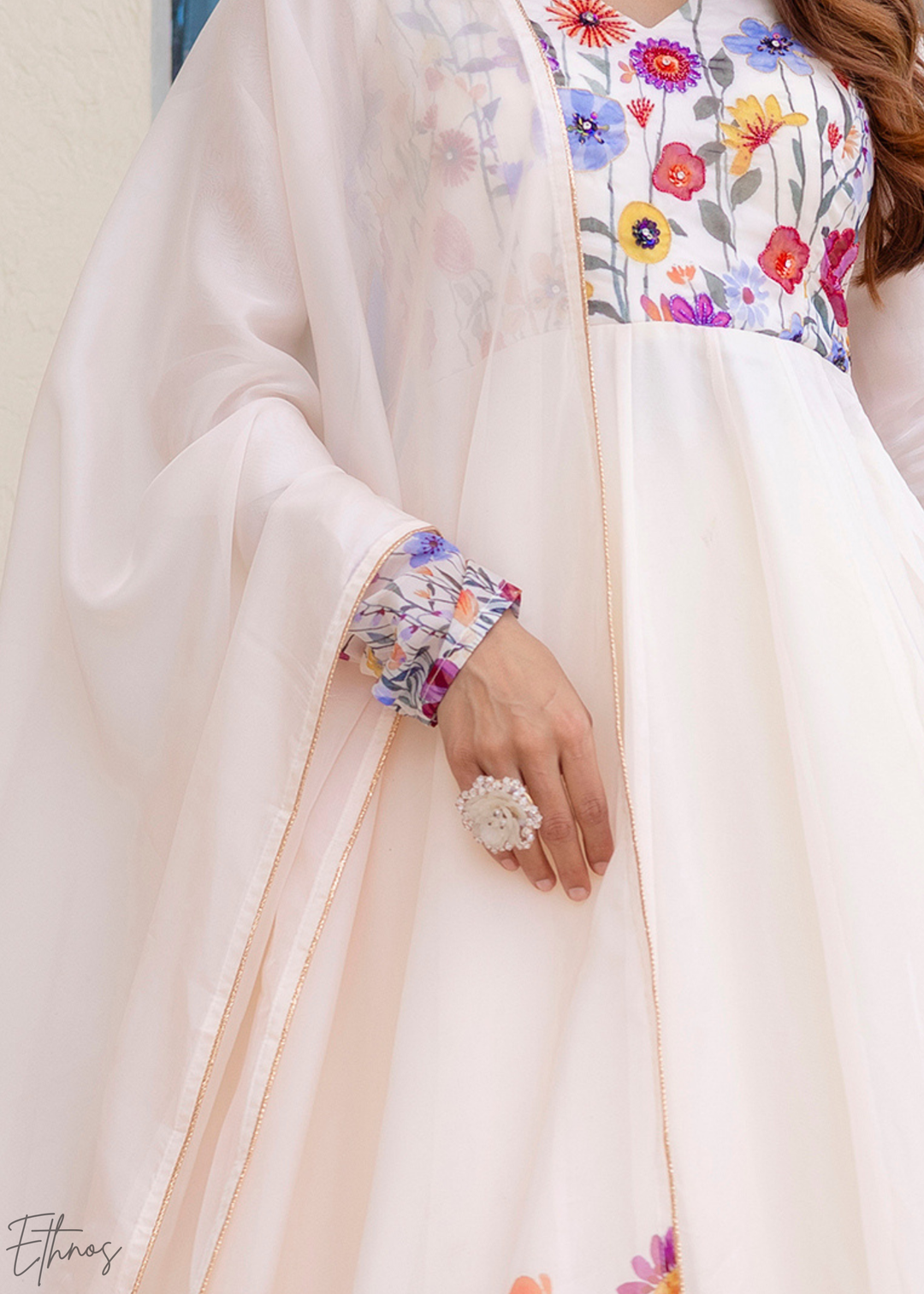 Ivory White Wildflower-Printed Organza Anarkali Suit