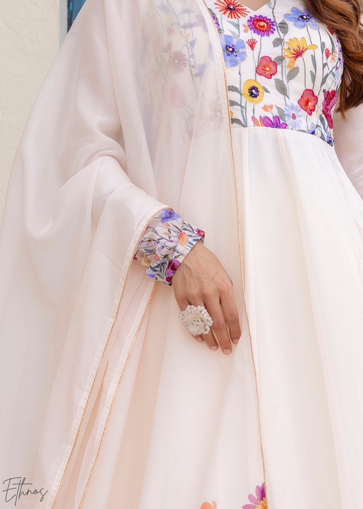 Ivory White Wildflower-Printed Organza Anarkali Suit