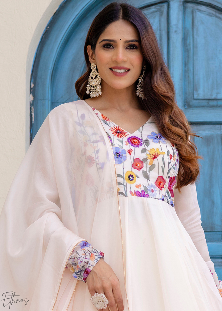 Ivory White Wildflower-Printed Organza Anarkali Suit