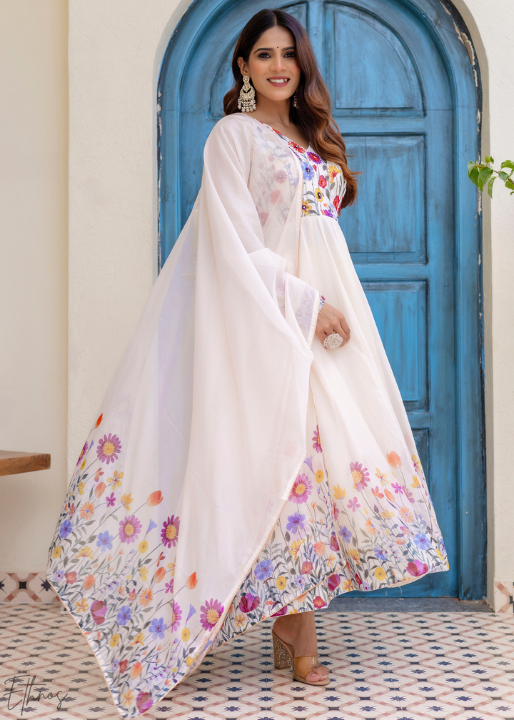 Ivory White Wildflower-Printed Organza Anarkali Suit