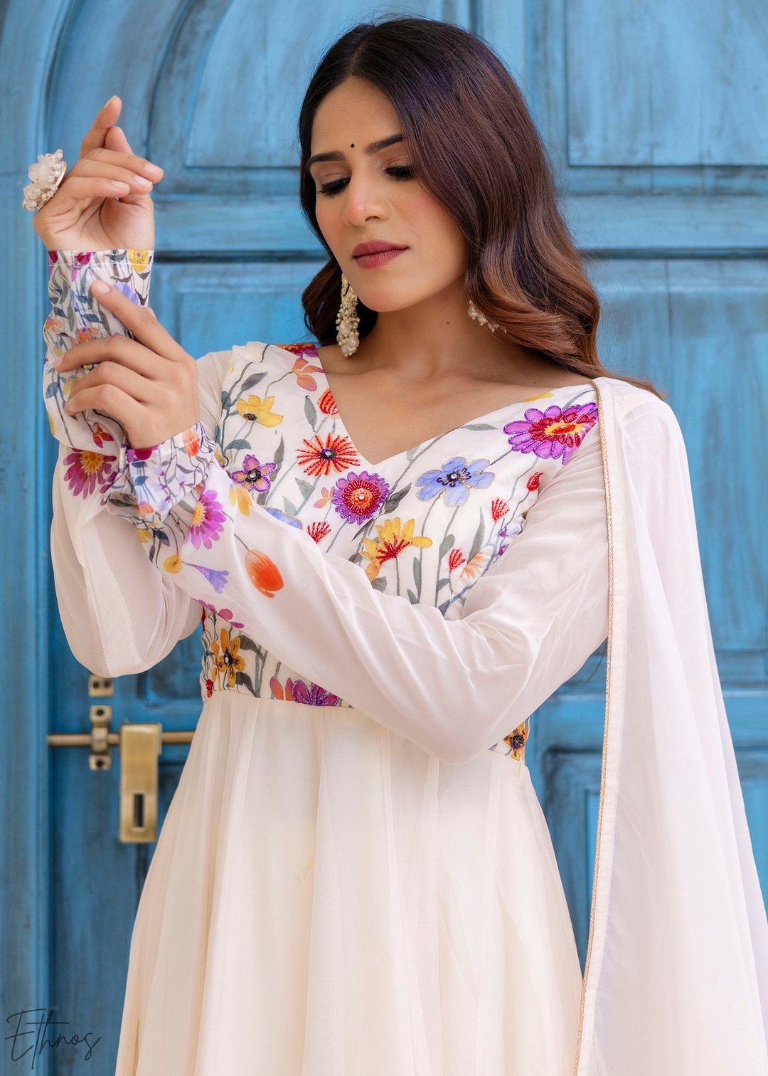 Ivory White Wildflower-Printed Organza Anarkali Suit