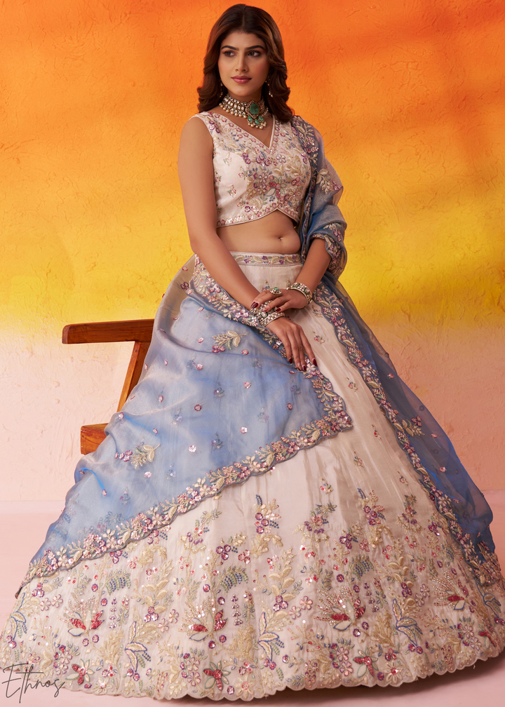 Ivory White and Blue Peacock Embroidered Tissue Lehenga