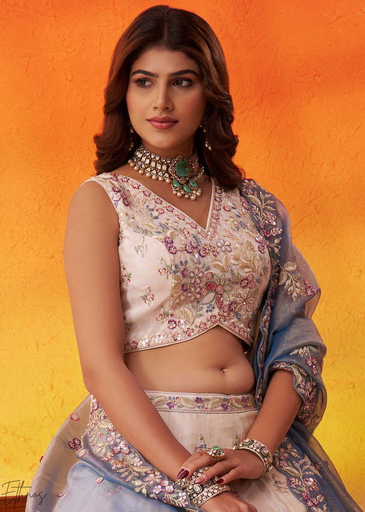Ivory White and Blue Peacock Embroidered Tissue Lehenga