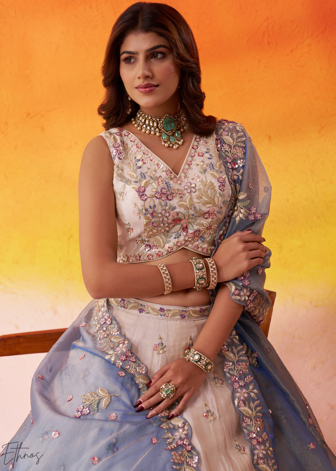 Ivory White and Blue Peacock Embroidered Tissue Lehenga