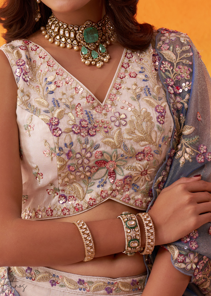 Ivory White and Blue Peacock Embroidered Tissue Lehenga