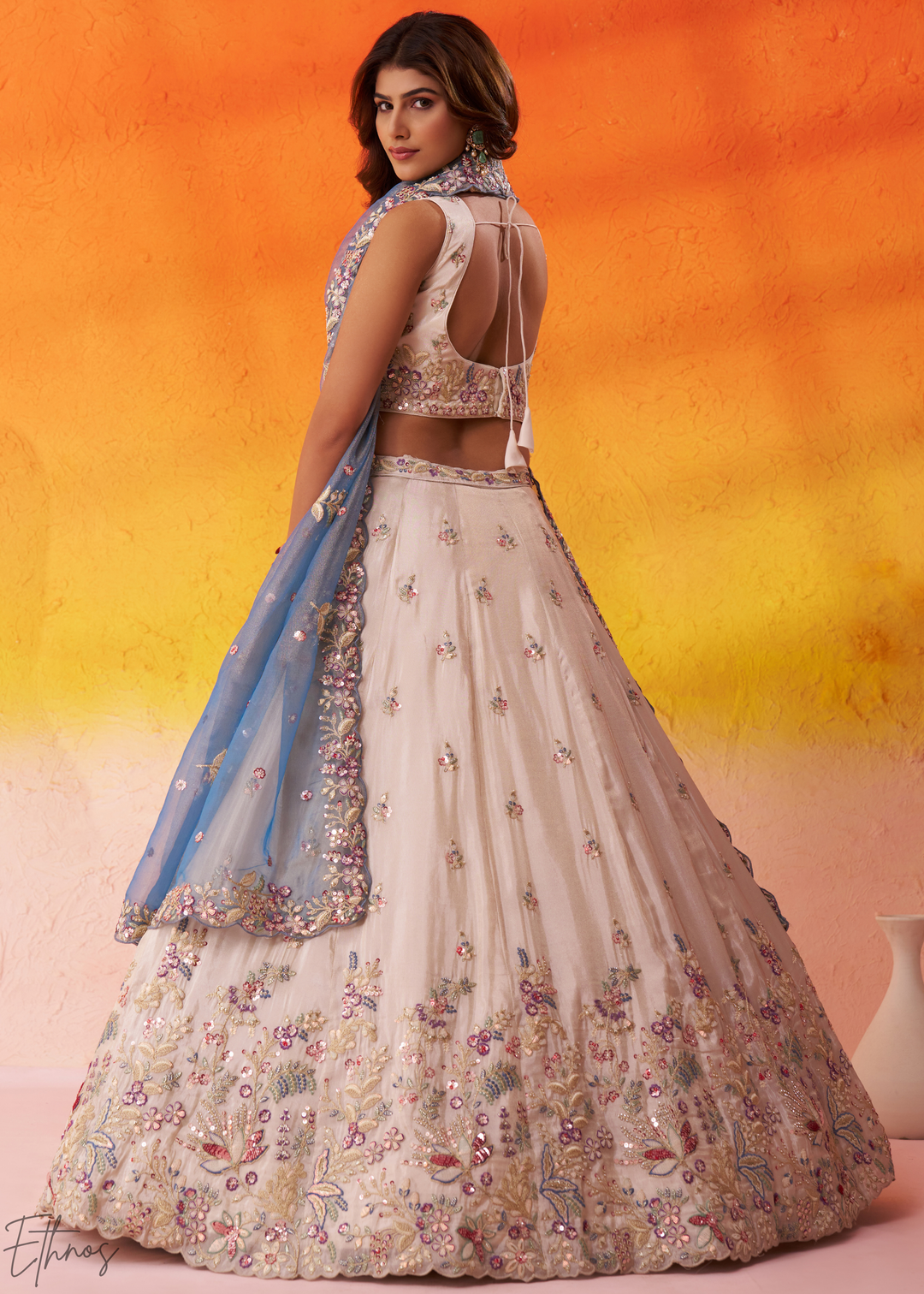 Ivory White and Blue Peacock Embroidered Tissue Lehenga