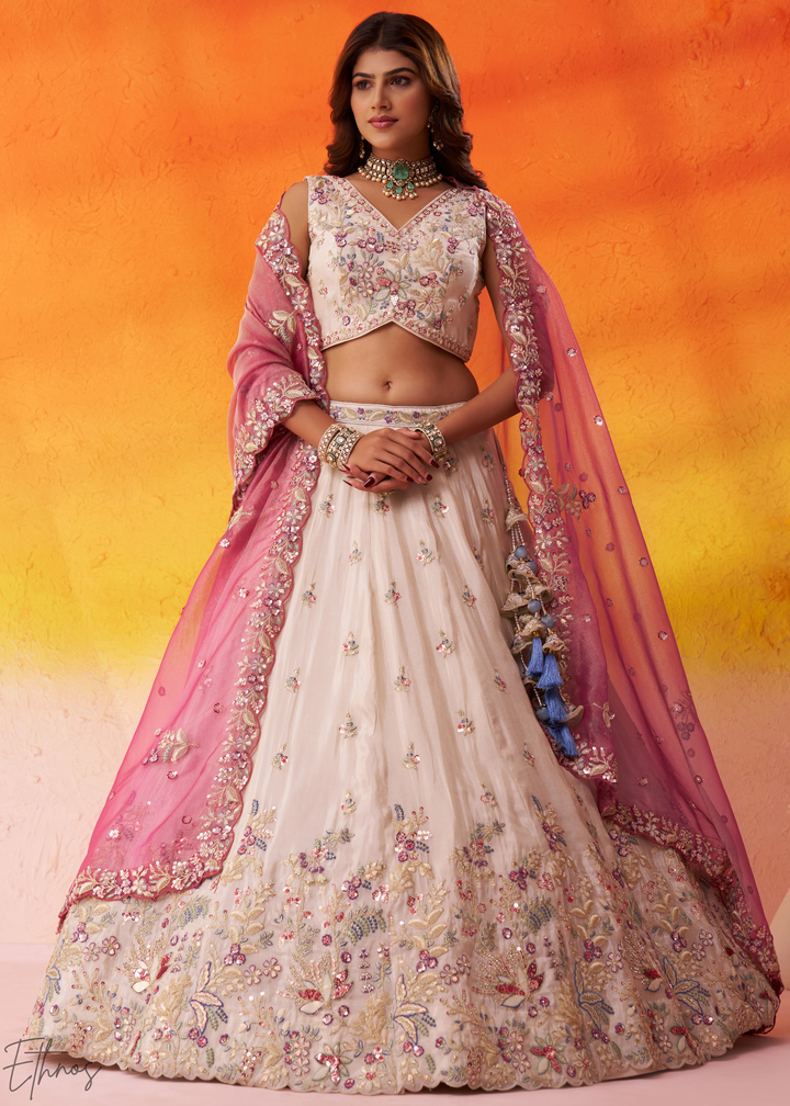 Ivory White and Pink Peacock Embroidered Tissue Lehenga
