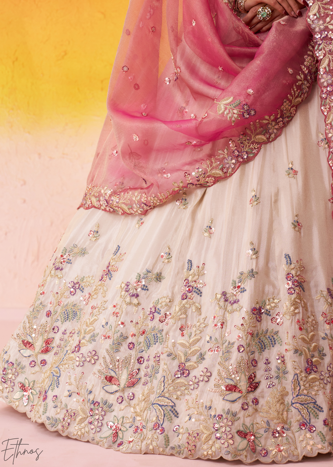 Ivory White and Pink Peacock Embroidered Tissue Lehenga