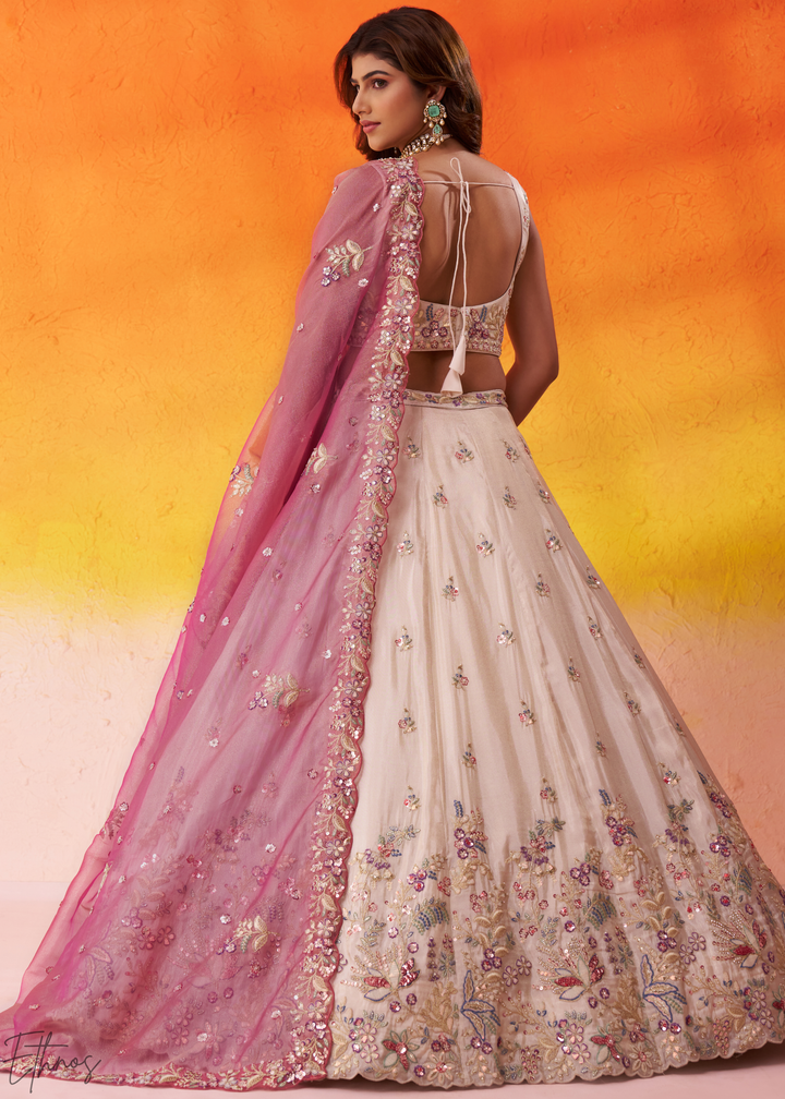 Ivory White and Pink Peacock Embroidered Tissue Lehenga