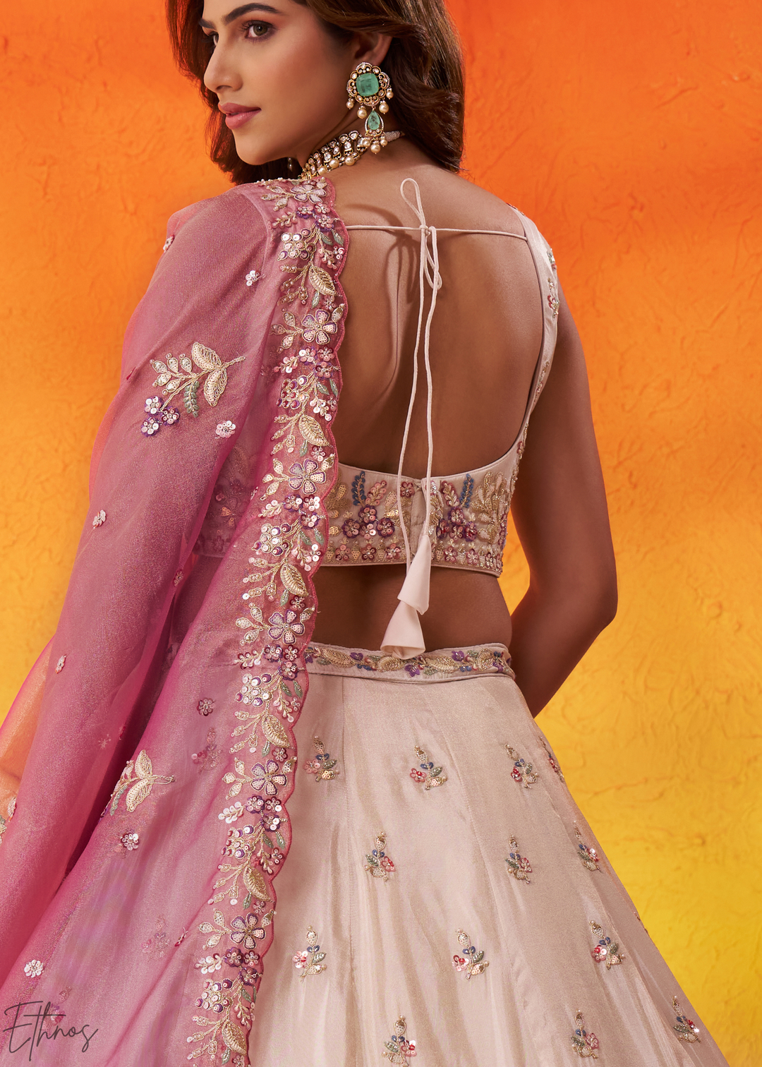 Ivory White and Pink Peacock Embroidered Tissue Lehenga