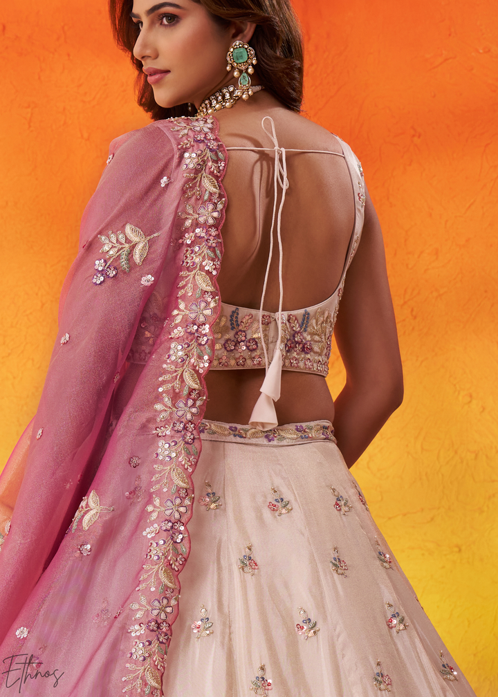 Ivory White and Pink Peacock Embroidered Tissue Lehenga