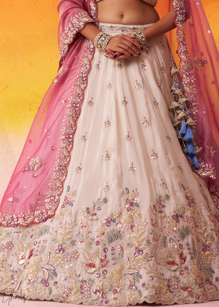 Ivory White and Pink Peacock Embroidered Tissue Lehenga