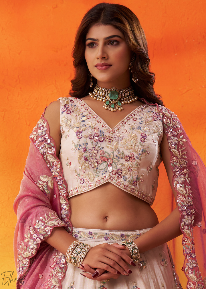 Ivory White and Pink Peacock Embroidered Tissue Lehenga