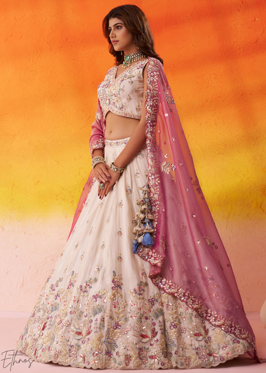 Ivory White and Pink Peacock Embroidered Tissue Lehenga