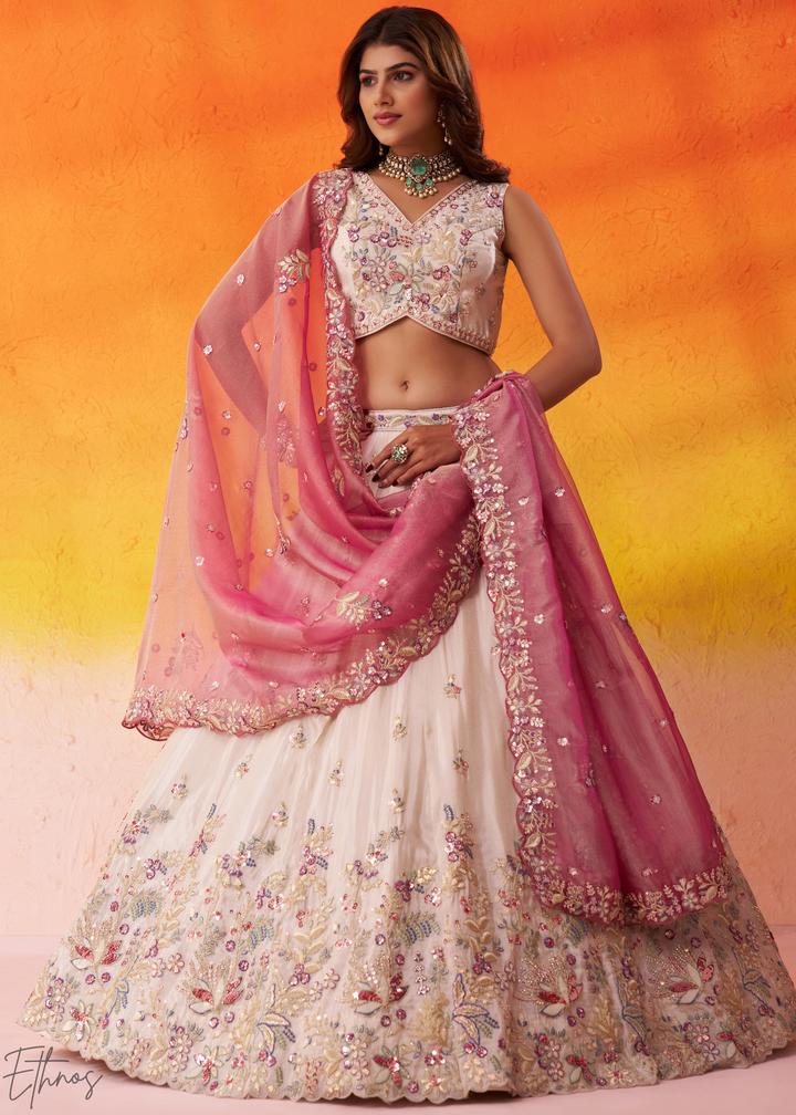 Ivory White and Pink Peacock Embroidered Tissue Lehenga