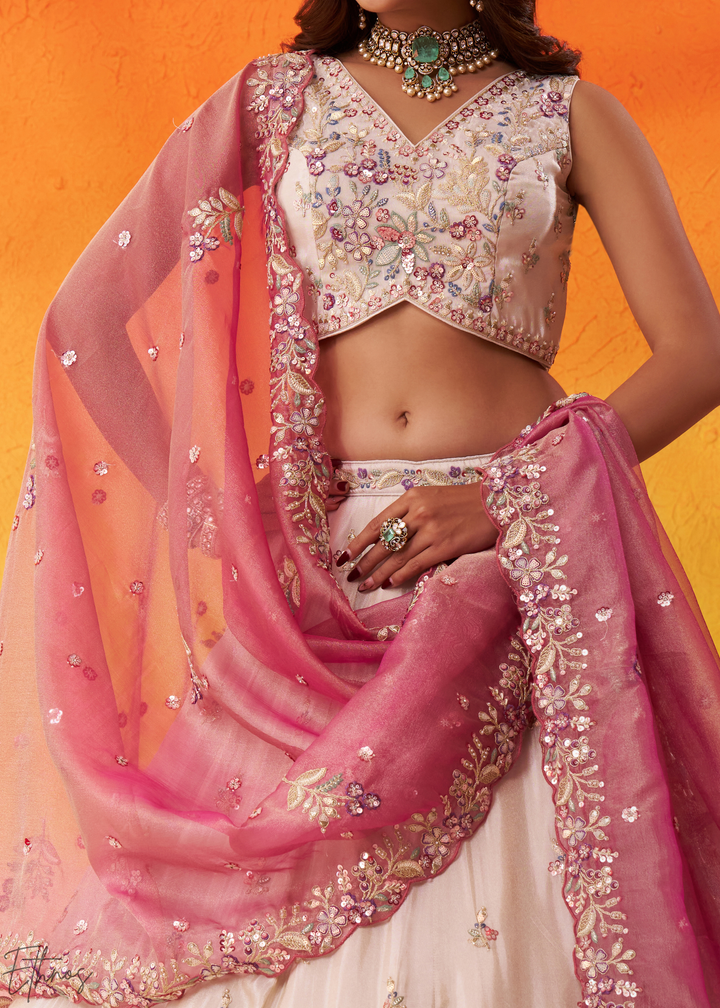 Ivory White and Pink Peacock Embroidered Tissue Lehenga