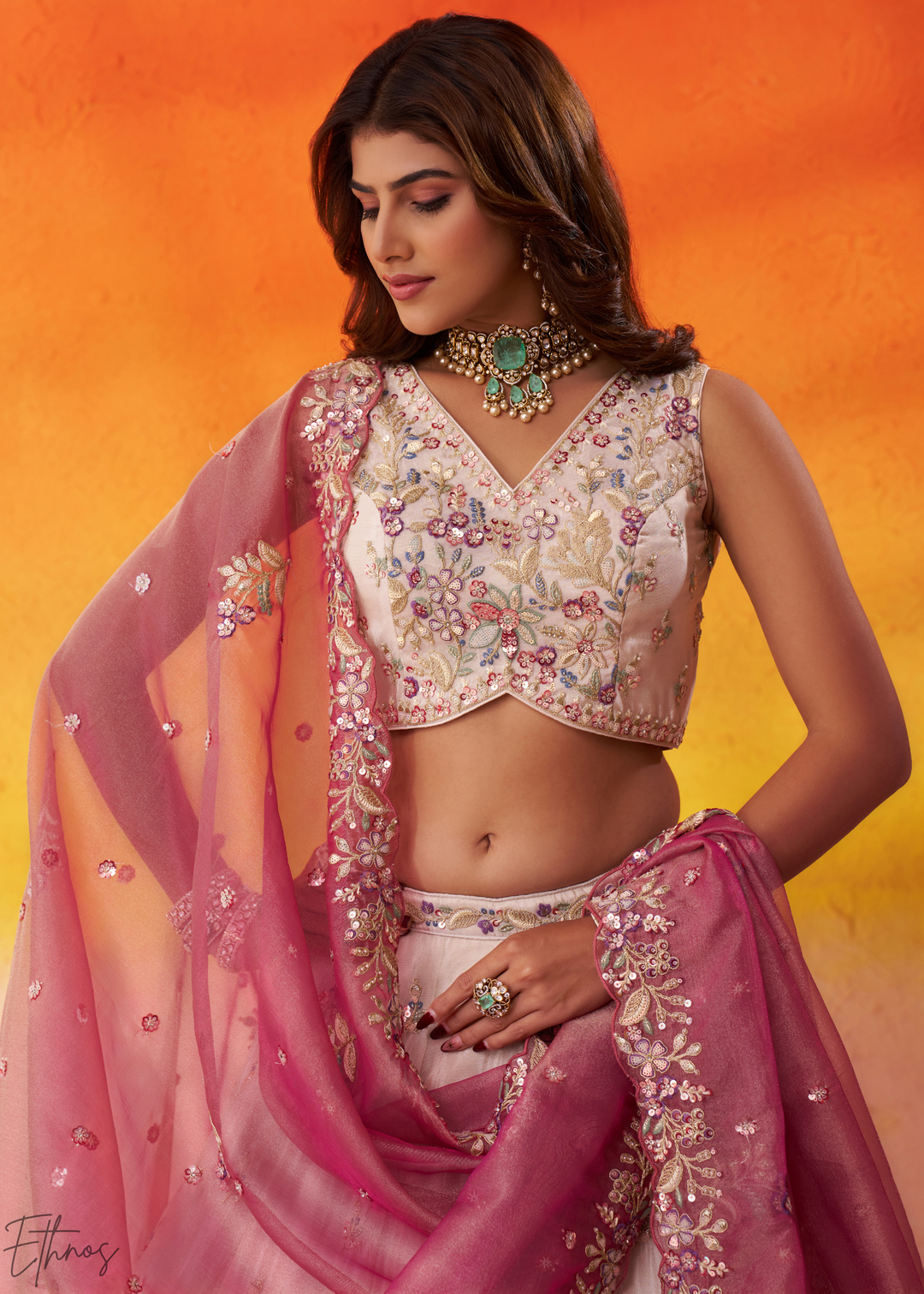 Ivory White and Pink Peacock Embroidered Tissue Lehenga