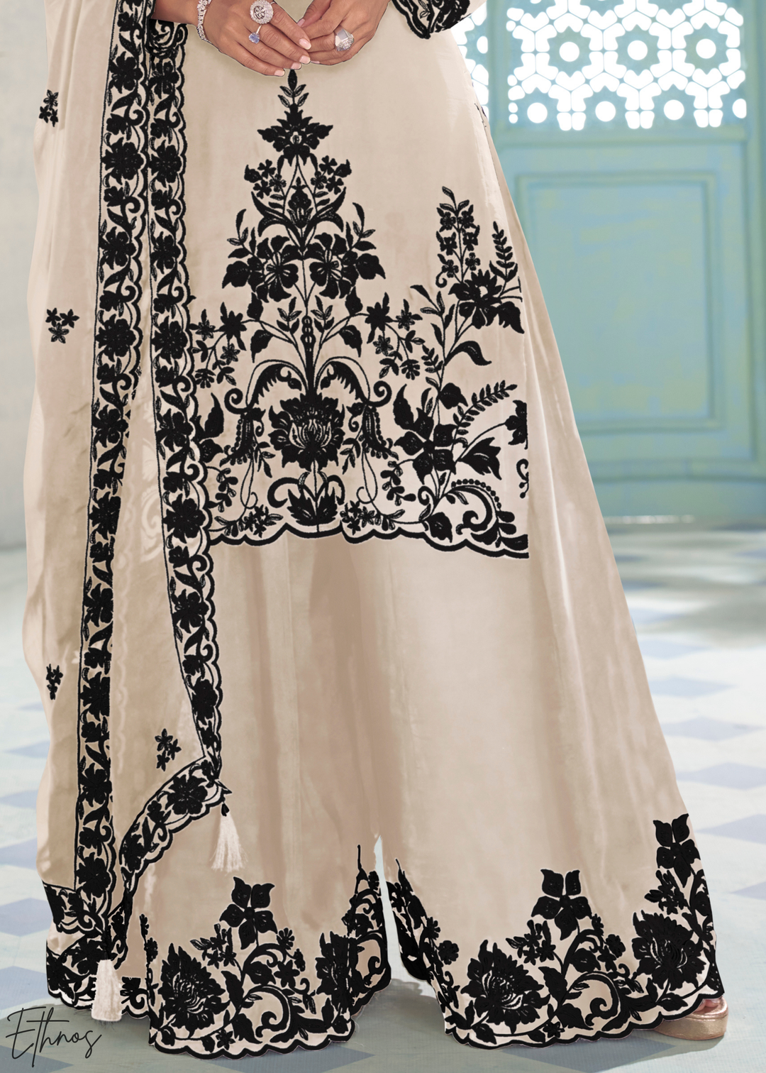 Ivory Chinon Embroidery Palazzo Salwaar Suit