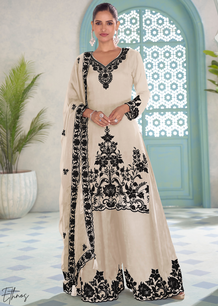Ivory Chinon Embroidery Palazzo Salwaar Suit