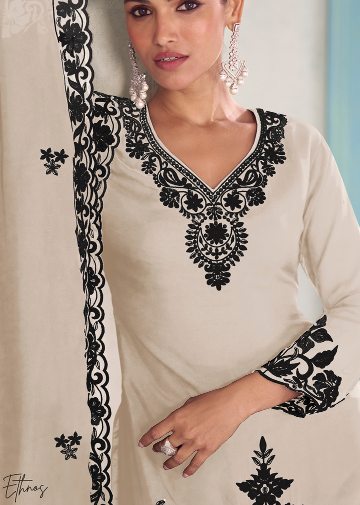 Ivory Chinon Embroidery Palazzo Salwaar Suit