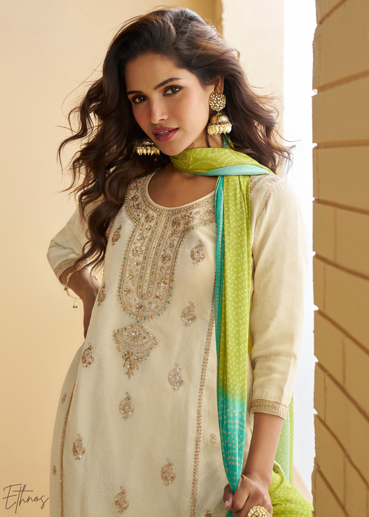 Ivory & Green Bandhani Printed Chinon Silk Palazzo Suit