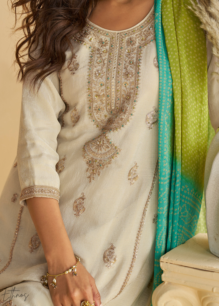 Ivory & Green Bandhani Printed Chinon Silk Palazzo Suit
