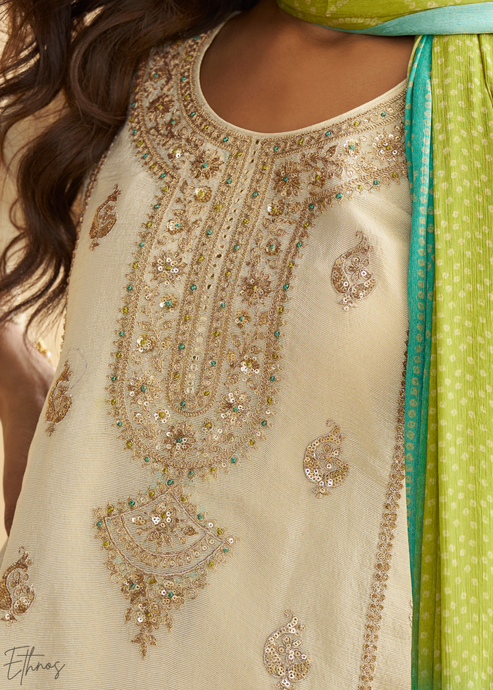 Ivory & Green Bandhani Printed Chinon Silk Palazzo Suit