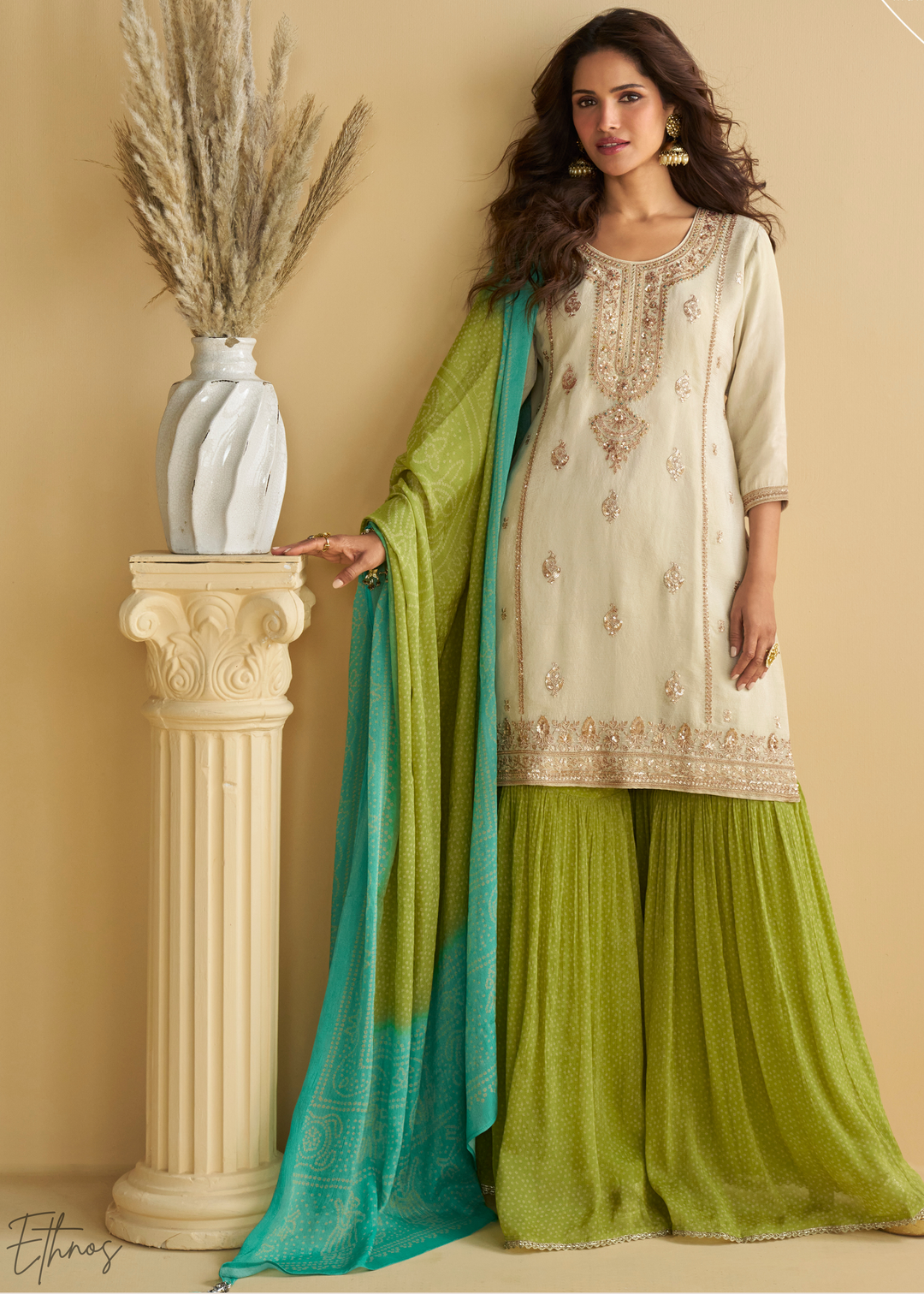 Ivory & Green Bandhani Printed Chinon Silk Palazzo Suit