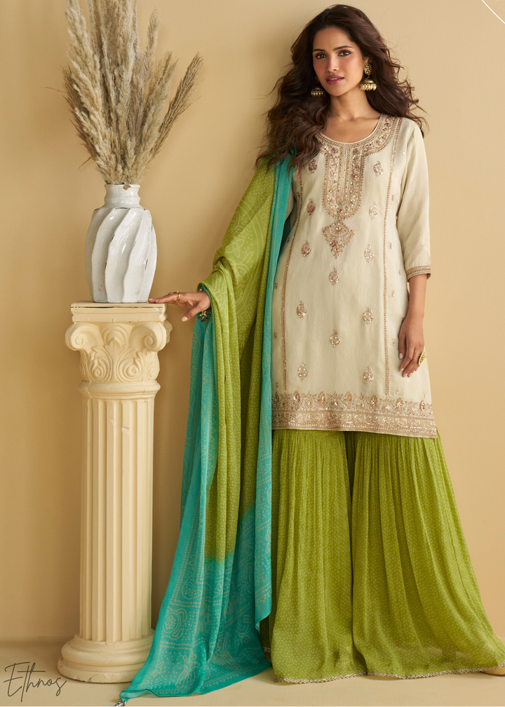 Ivory & Green Bandhani Printed Chinon Silk Palazzo Suit