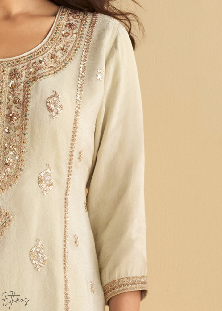 Ivory & Green Bandhani Printed Chinon Silk Palazzo Suit